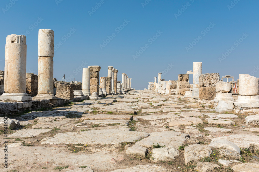 Ruins of the ancient city of Laodikeia in Pamukkale, Denizli, Turkey