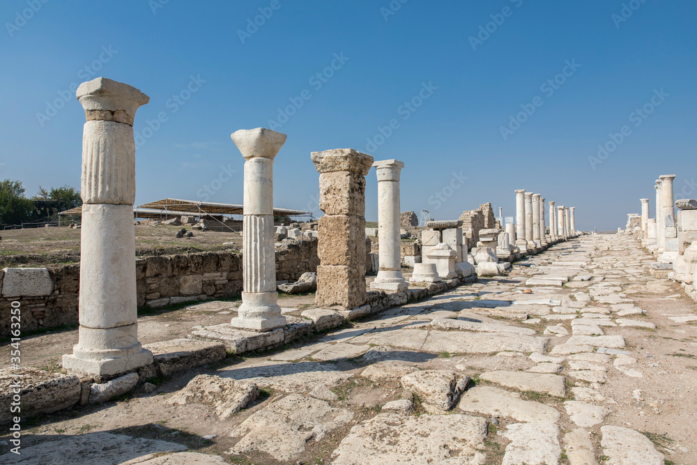 Ruins of the ancient city of Laodikeia in Pamukkale, Denizli, Turkey