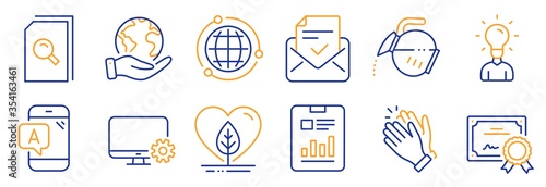 Set of Business icons, such as Approved mail, Search files. Certificate, save planet. Report document, Monitor settings, Local grown. Education, Ab testing, Globe. Vector