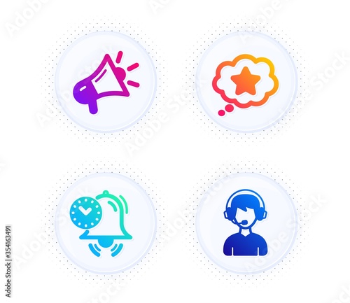 Time management, Loyalty star and Megaphone icons simple set. Button with halftone dots. Consultant sign. Alarm clock, Bonus reward, Brand advertisement. Call center. Technology set. Vector