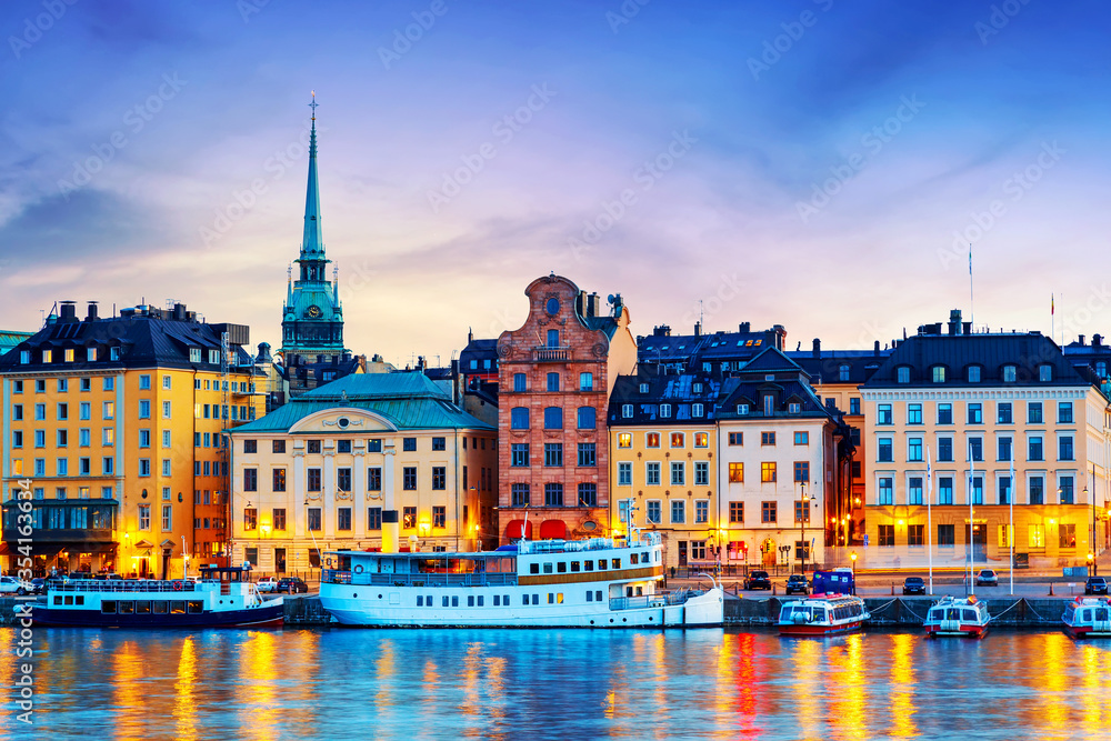 Scenic summer sunset panorama of the Old Town Gamla Stan architecture in Stockholm, Sweden