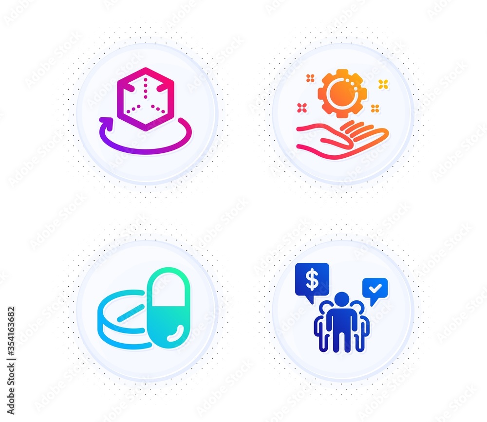 Medical drugs, Employee hand and Augmented reality icons simple set. Button with halftone dots. Teamwork sign. Medicine pills, Work gear, Virtual reality. Employees chat. Science set. Vector