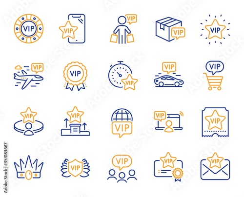Vip line icons. Casino chips, very important person, delivery parcel. Certificate, player table, vip buyer icons. Crown, casino ticket, business class flight. Membership privilege. Vector