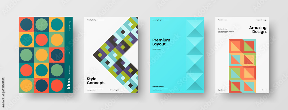 Company identity brochure template collection. Business presentation vector A4 vertical orientation front page mock up set. Corporate report cover abstract geometric illustration design layout bundle.