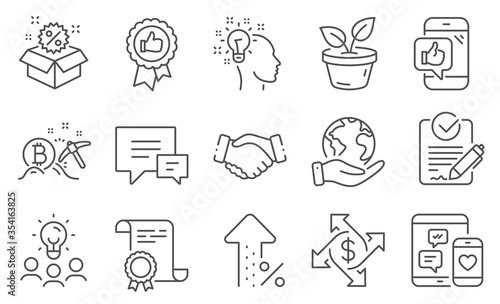 Set of Business icons, such as Sale, Idea. Diploma, ideas, save planet. Increasing percent, Handshake, Bitcoin mining. Rfp, Mobile like, Payment exchange. Vector