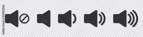 An icon that increases and reduces the sound. Icon showing the mute. A set of sound icons with different signal levels in a flat style. Vector.