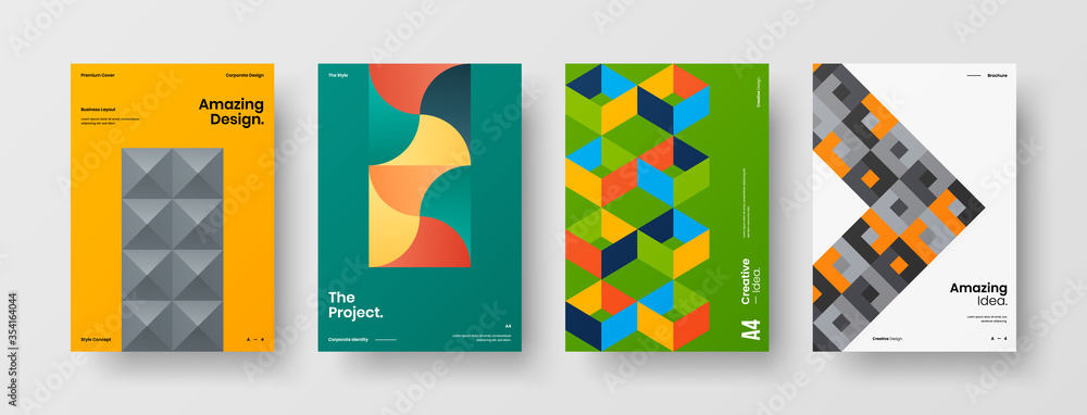 Obraz premium Company identity brochure template collection. Business presentation vector A4 vertical orientation front page mock up set. Corporate report cover abstract geometric illustration design layout bundle.