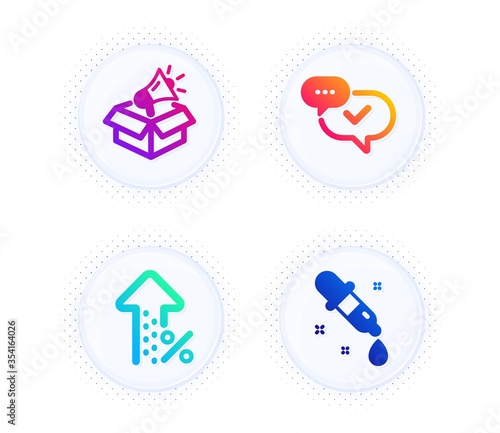 Approved, Increasing percent and Megaphone box icons simple set. Button with halftone dots. Chemistry pipette sign. Chat message, Discount, Brand marketing. Laboratory. Technology set. Vector