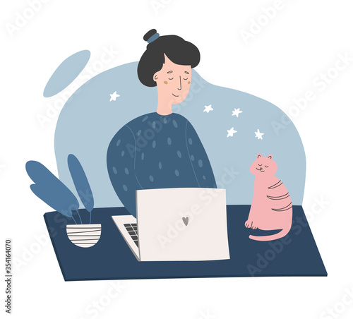 Vector illustration of a girl who works remotely with her cat and plant.