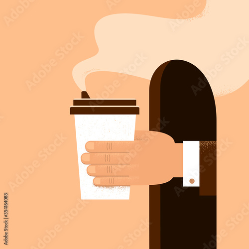 Human hand holding cup of coffee to take away. Flat textured vector illustration.