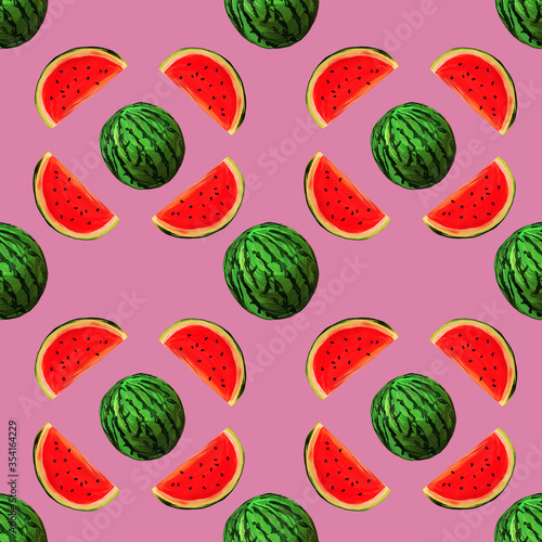 Seamless watermelons pattern on a pink background. background with gouache watermelon slices. Fresh fruits seasonal background flat style