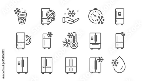 Fridge line icons set. Refrigerator, freezer storage, smart fridge machine. Cooler box, water with ice, thermometer icons. Wi-fi remote access, thermostat timer, smart freezer. Linear set. Vector
