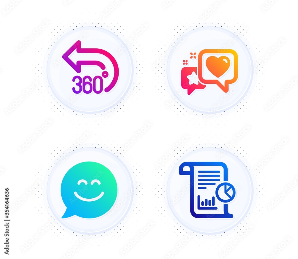 Heart, 360 degrees and Smile chat icons simple set. Button with halftone dots. Report sign. Star rating, Full rotation, Happy face. Work analysis. Technology set. Gradient flat heart icon. Vector Heart, 360 degrees and Smile chat icons simple set. Button with halftone dots. Report sign. Star rating, Full rotation, Happy face. Work analysis. Technology set. Gradient flat heart icon. Vector