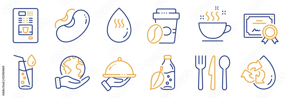 Set of Food and drink icons, such as Recycle water, Food. Certificate, save planet. Water bottle, Restaurant food, Beans. Coffee vending, Takeaway coffee line icons. Refill aqua, Cutlery. Vector
