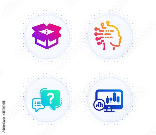 Artificial intelligence, Question mark and Open box icons simple set. Button with halftone dots. Candlestick chart sign. Mind intellect, Quiz chat, Delivery package. Report analysis. Vector
