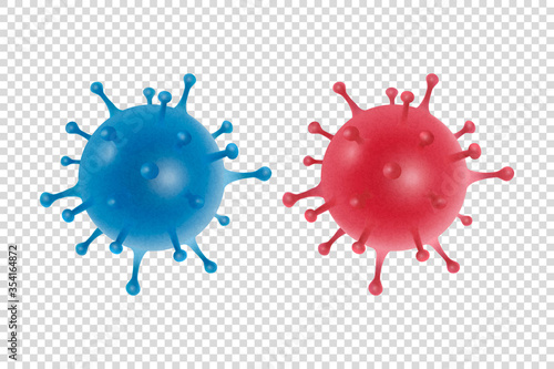 Vector 3d Realistic Blue and Red Coronavirus Bacteria, Cell Icon Set Closeup Isolated on Transparent Background. 2019-nCoV, Covid-2019, Covid-19. Infection and Dangerous Concept. Design Template