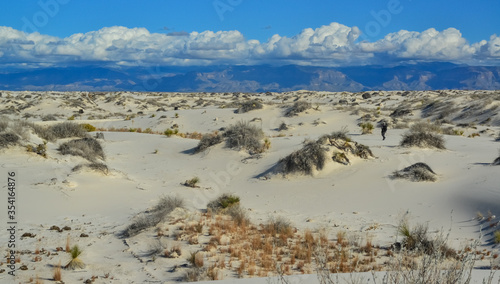 USA  NEW MEXICO - NOVEMBER 23  2019  A tourist walks in the sand dunes   White Sands National Monument  New Mexico  USA