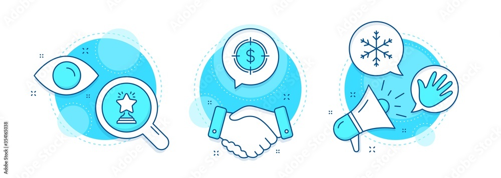 Winner, Hand and Snowflake line icons set. Handshake deal, research and promotion complex icons. Dollar target sign. Best star, Swipe, Snow. Aim with usd. Business set. Vector Winner, Hand and Snowflake line icons set. Handshake deal, research and promotion complex icons. Dollar target sign. Best star, Swipe, Snow. Aim with usd. Business set. Vector