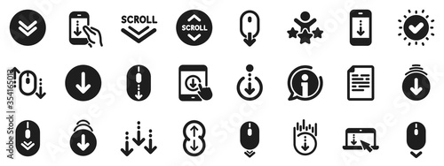 Scrolling mouse, landing page swipe signs. Scroll down icons. Mobile device technology icons. Website scroll navigation. Tablet pc or smartphone swipe symbols. Phone scrolling. Vector