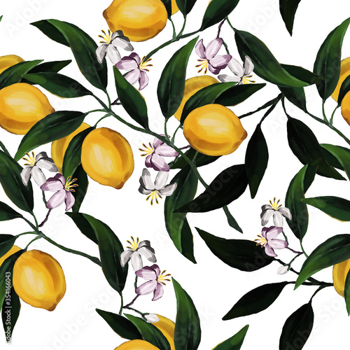 Seamless hand drawn citrus raster pattern on white background.
