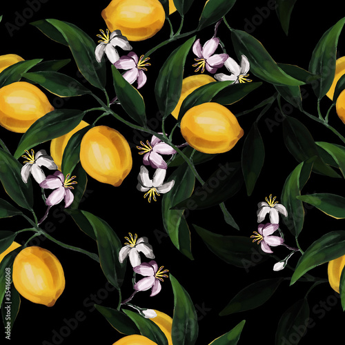 Seamless hand drawn citrus raster pattern on black background.