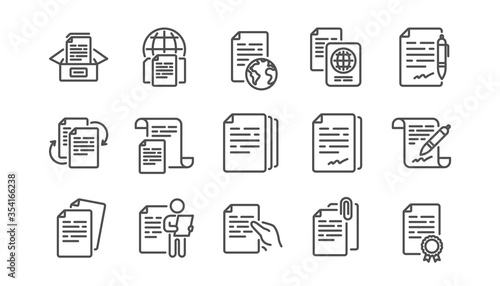 Documents line icons set. Copy files, Contract agreement, Passport. CV interview, documents workflow, attachment clip icons. Change files, bureaucracy and contract signature. Linear set. Vector