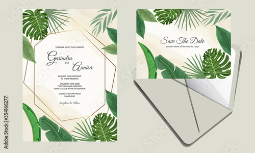 Wallpaper Mural Wedding invitation card template set with tropical leaves decoration Premium Vector Torontodigital.ca