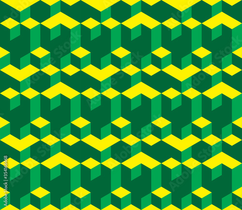 Isometric seamless vector pattern in Escher style. Bright geometric ornament of cubic building blocks with yellow and green surfaces. Illusion of volume. Modern 3d print of urban labyrinth.