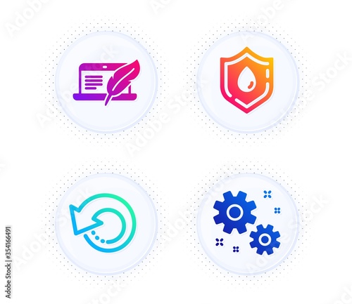 Copyright laptop, Blood donation and Recovery data icons simple set. Button with halftone dots. Work sign. Writer device, Medicine analyze, Backup info. Settings. Science set. Vector