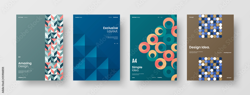 Company identity brochure template collection. Business presentation vector A4 vertical orientation front page mock up set. Corporate report cover abstract geometric illustration design layout bundle. Company identity brochure template collection. Business presentation vector A4 vertical orientation front page mock up set. Corporate report cover abstract geometric illustration design layout bundle.
