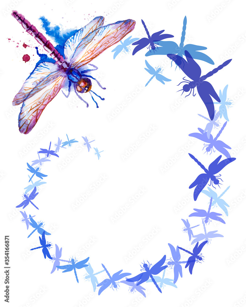 Vector greeting card with beautiful watercolor flying violet and blue dragonflies on the white background with empty place for your text