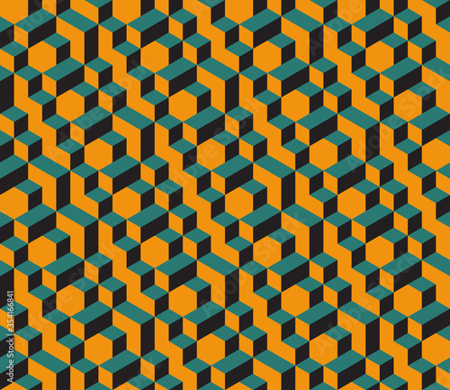 Isometric seamless vector pattern in Escher style. Bright geometric ornament of cubic building blocks with orange, teal and black surfaces. Illusion of volume. Modern 3d print of urban labyrinth.