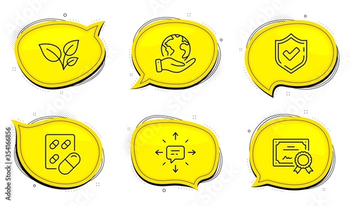 Capsule pill sign. Diploma certificate, save planet chat bubbles. Leaves, Confirmed and Sms line icons set. Grow plant, Accepted message, Conversation. Medicine drugs. Business set. Vector