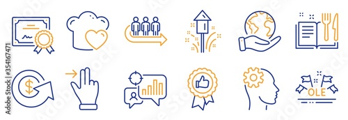 Set of Business icons, such as Positive feedback, Touchscreen gesture. Certificate, save planet. Recipe book, Ole chant, Engineering. Seo statistics, Dollar exchange, Love cooking. Vector