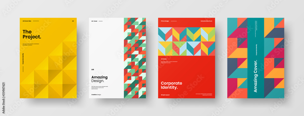 Company identity brochure template collection. Business presentation vector A4 vertical orientation front page mock up set. Corporate report cover abstract geometric illustration design layout bundle.