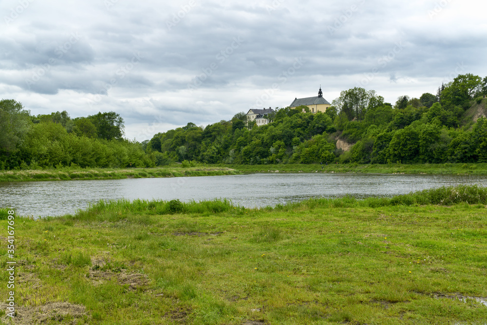 Panorama of Bug River and Castle Hill in Drohiczyn one of the oldest town in Poland, Europe