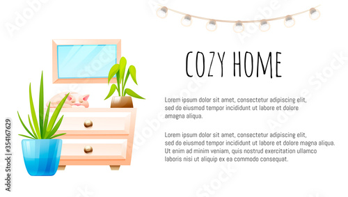 Mirror, garland, kitten sleeps on a cupboard