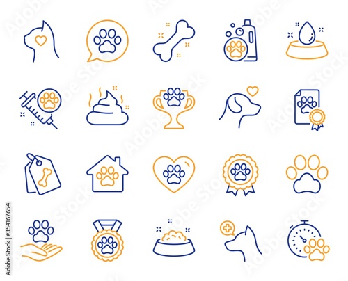 Pets line icons. Veterinary, dog care and cat food. Lovely animals, shampoo for pets and doghouse icons. Vaccine, pet care and dog paw. Winner cup, certificate and medal. Animal feces. Vector