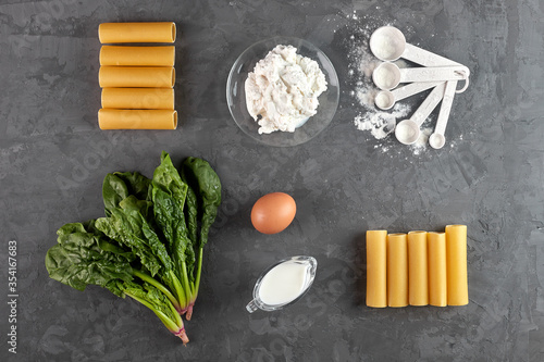 Ingridtienty for cooking pasta kaneloni with spinach and ricotta, a bechamel sauce. Olive oil, cream. flour, eggs photo