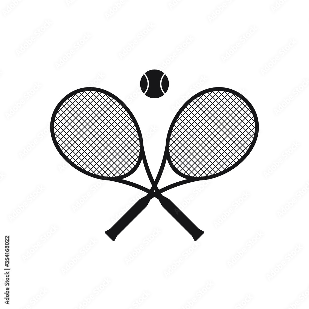 Vector black flat cartoon crossed tennis racket and ball isolated on ...