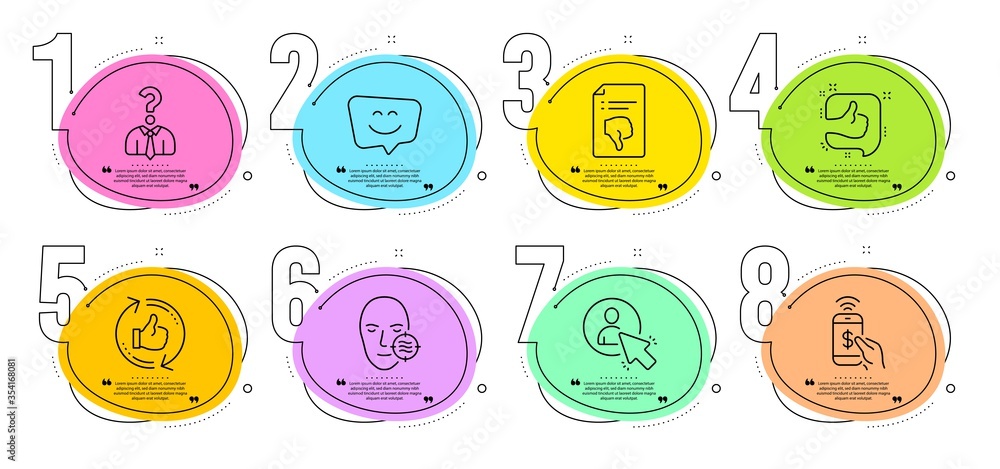 Problem skin, User and Hiring employees signs. Timeline steps infographic. Phone payment, Refresh like and Smile face line icons set. Like, Thumb down symbols. Mobile pay, Thumbs up counter. Vector Problem skin, User and Hiring employees signs. Timeline steps infographic. Phone payment, Refresh like and Smile face line icons set. Like, Thumb down symbols. Mobile pay, Thumbs up counter. Vector