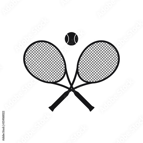 Vector black flat cartoon crossed tennis racket and ball isolated on white background