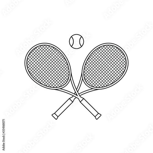 Vector flat crossed outline tennis racket and ball isolated on white background