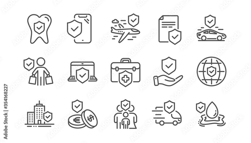Insurance line icons set. Family care, risk, help service. Car accident, flood insurance, flight protection icons. Safety document, money savings, delivery risk. Car full coverage. Linear set. Vector Insurance line icons set. Family care, risk, help service. Car accident, flood insurance, flight protection icons. Safety document, money savings, delivery risk. Car full coverage. Linear set. Vector
