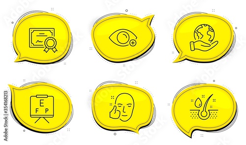 Healthy face sign. Diploma certificate, save planet chat bubbles. Farsightedness, Vision board and Serum oil line icons set. Eye vision, Eye check, Healthy hairs. Medical set. Vector