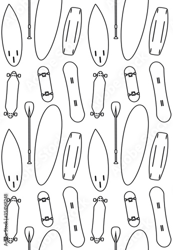 Vector seamless pattern of different flat black outline skateboard snowboard longboard surf boards isolated on white background