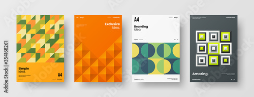 Company identity brochure template collection. Business presentation vector A4 vertical orientation front page mock up set. Corporate report cover abstract geometric illustration design layout bundle.
