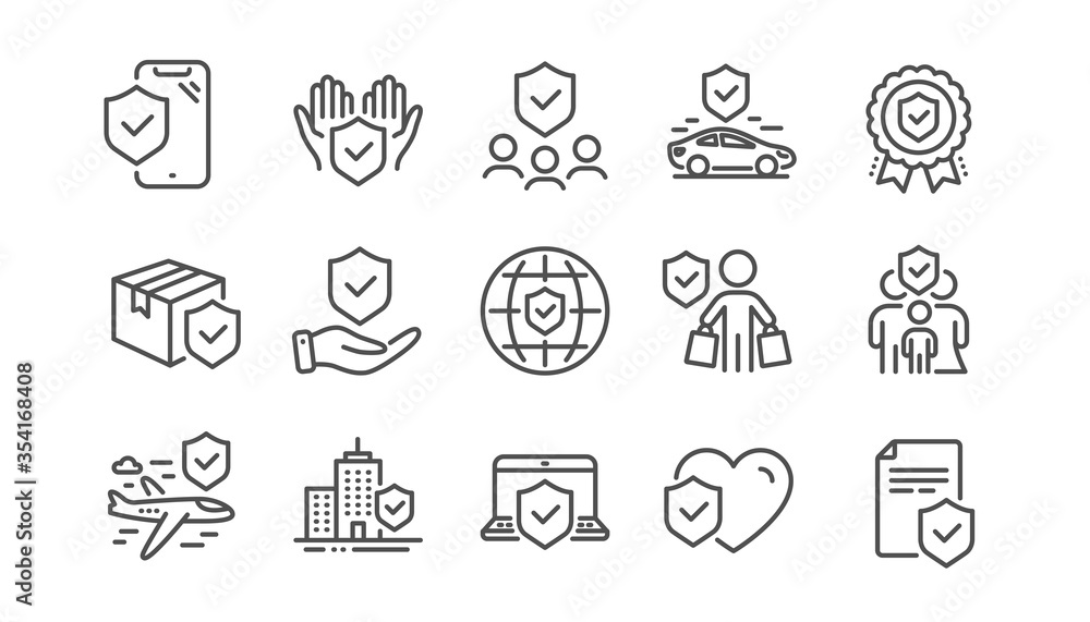 Insurance line icons set. Health care, risk, help service. Car accident, travel insurance, flight protection icons. Safety document, delivery risk. Car full coverage. Linear set. Vector Insurance line icons set. Health care, risk, help service. Car accident, travel insurance, flight protection icons. Safety document, delivery risk. Car full coverage. Linear set. Vector