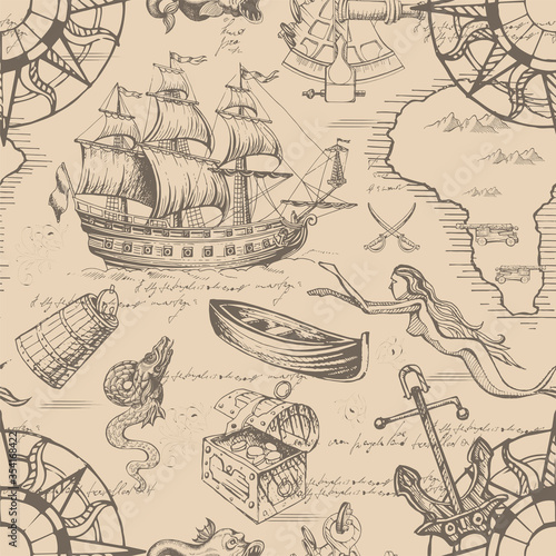 Vector abstract seamless pattern on the theme of travel, adventure and discovery. Vintage repeating background with hand-drawn sailboats, map, anchors and sea monsters.