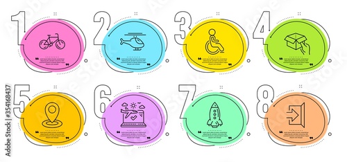 Bicycle, Location and Airplane travel signs. Timeline steps infographic. Helicopter, Disabled and Hold box line icons set. Rocket, Exit symbols. Copter, Handicapped wheelchair. Vector